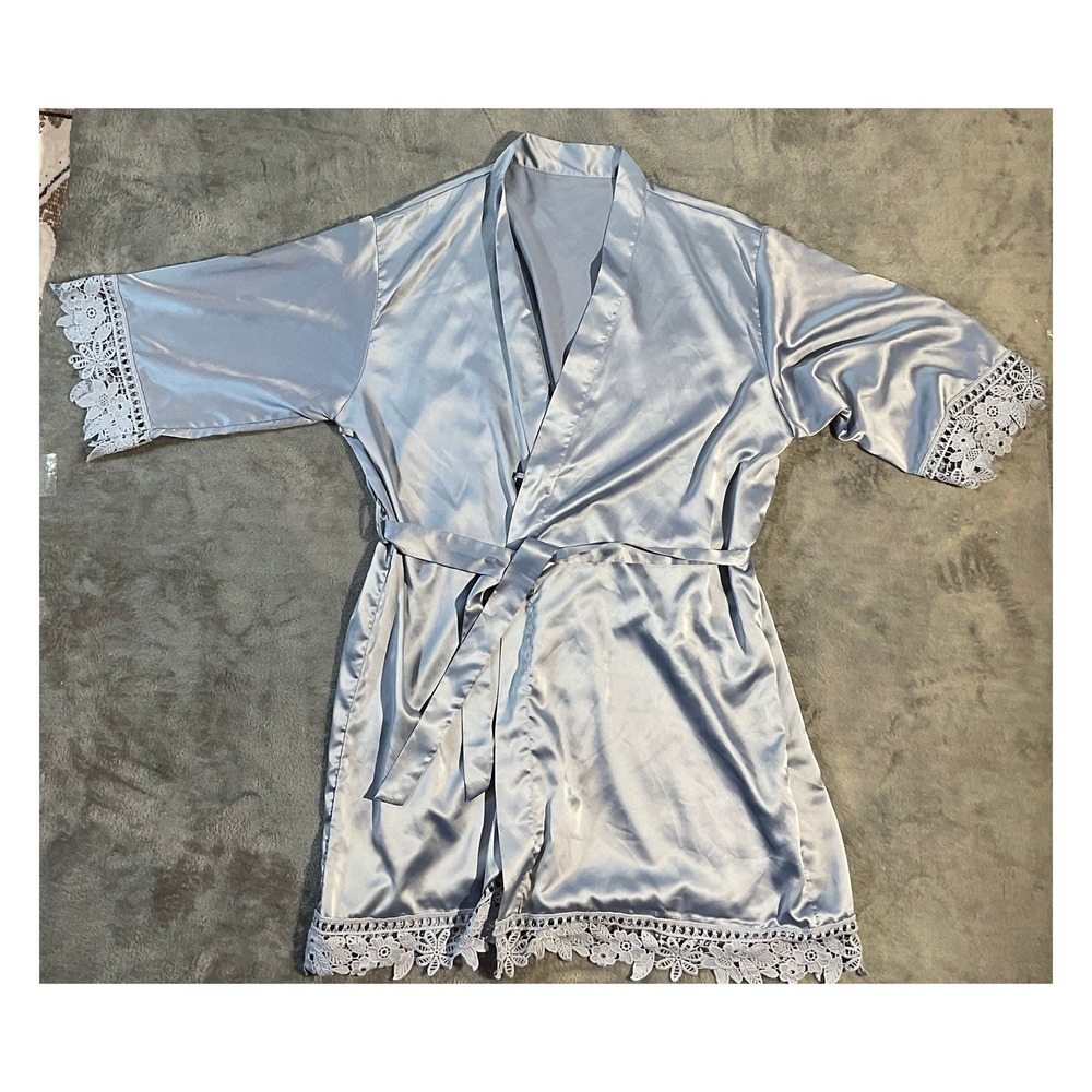 Women's Grey Satin Kimono Robe Lace Trim Belted Size M/L